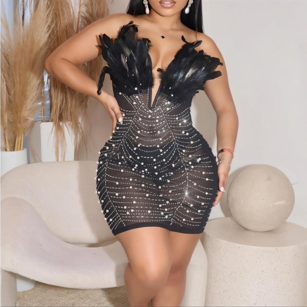 Black Feather Pearl Embellished Dress